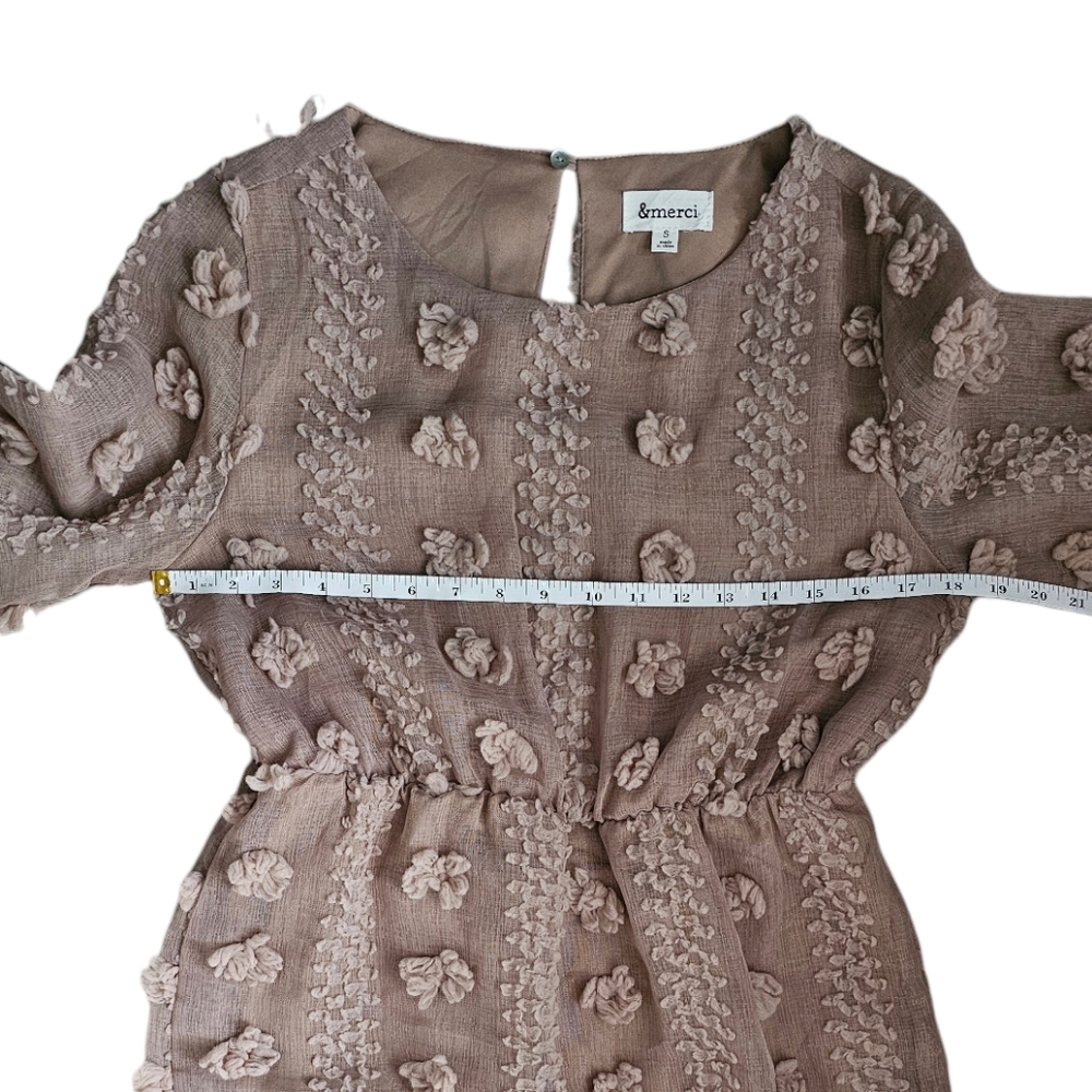 &merci Beige Nude Fairycore Mini Dress Puff Long Sleeves 3D Floral Appliques Sm - Picture 10 of 11